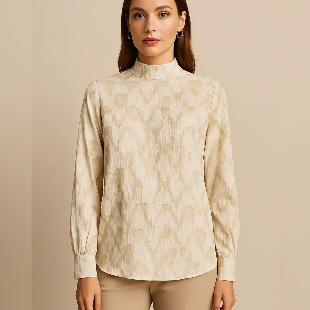 ZARA Metallic Gold Textured Mock Neck Top | Holiday Party Quiet Luxury Chic - Picture 3 of 7